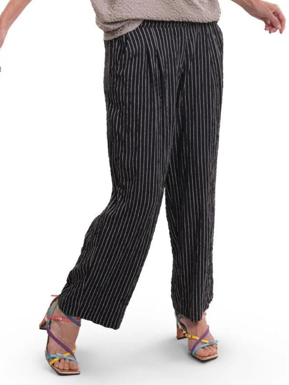 Alembika Pinstripe Pants Relaxed Crinkle Pull On Wide Leg Elastic Waist Pockets